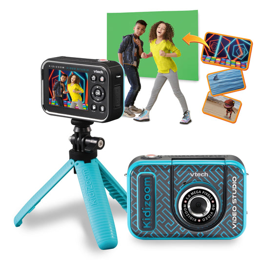 Vtech Kidizoom Video Studio HD blue - Children's camera with greenscreen, tripod, effects, selfie lens, and much more - For children aged 5-12 years.