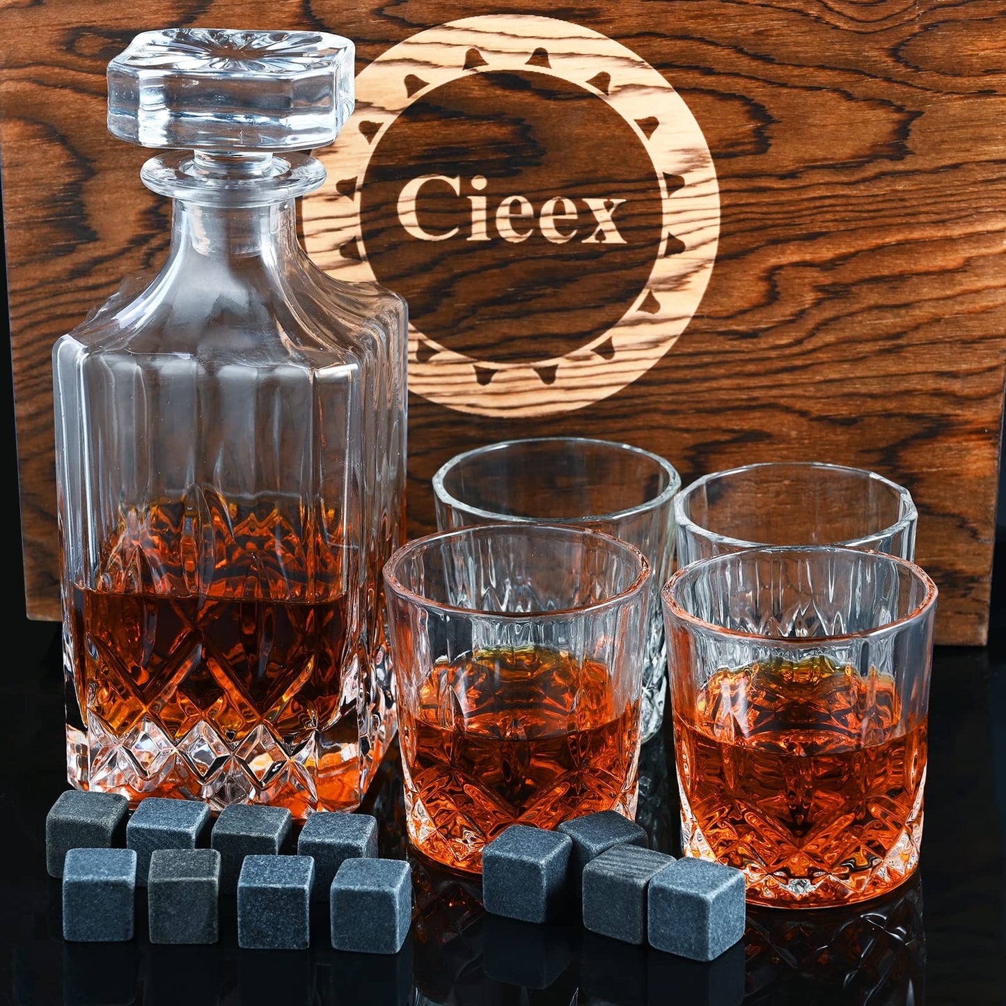 Cieex Whiskey Decanter Set, 750ml decanter with 4 x 220ml whiskey glasses, 12 stones, beautiful gift box. Father's Day gift for men. Transparent.