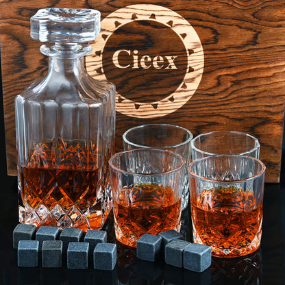 Cieex Whiskey Decanter Set, 750ml decanter with 4 x 220ml whiskey glasses, 12 stones, beautiful gift box. Father's Day gift for men. Transparent.