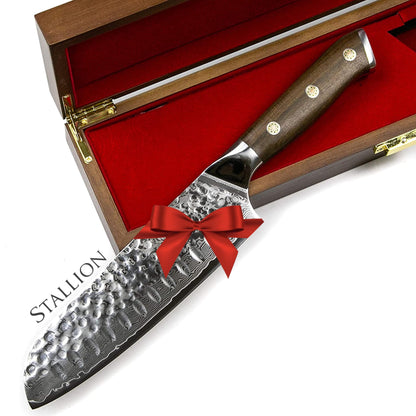 Stallion Small Santoku Knife Damascus 5" - Ironwood Series - Damascus Santoku Knife with Ironwood Handle - Damascus Steel Kitchen Knife made of premium Japanese steel.