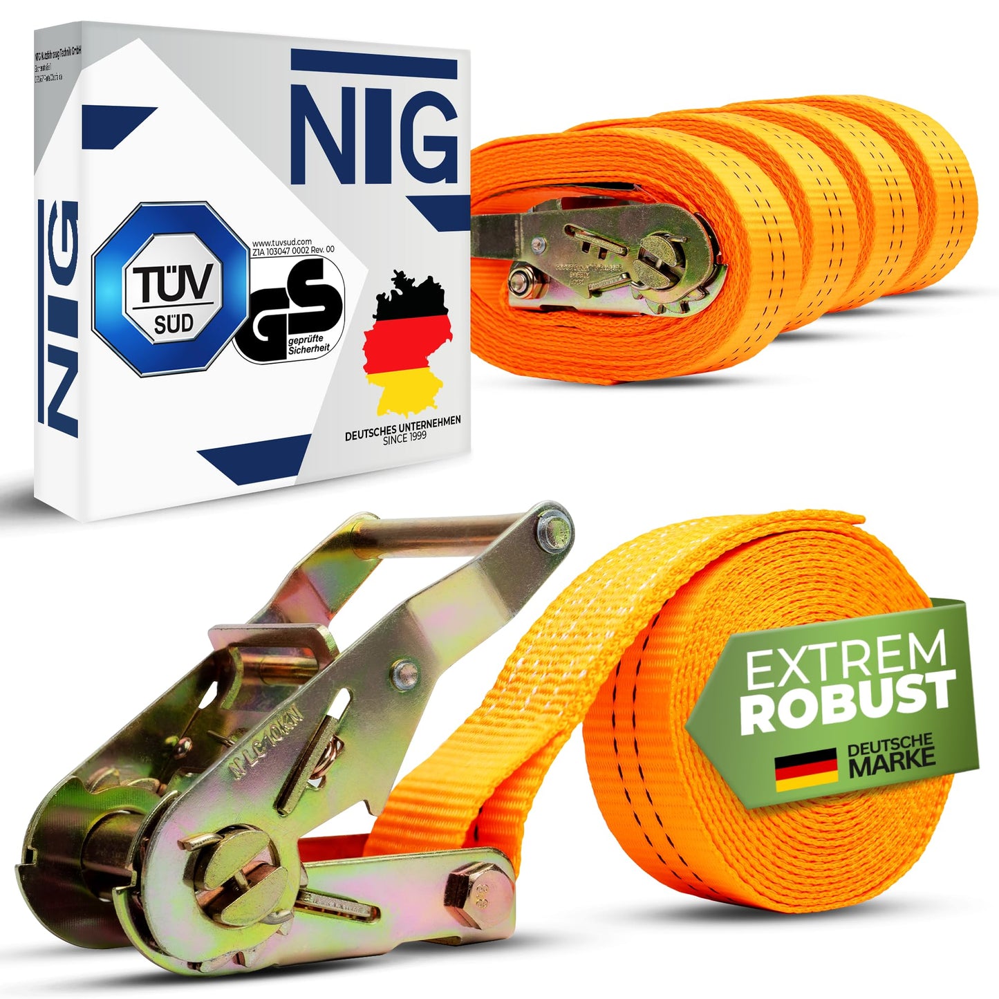 10 pieces of tie-down straps, 4m long, 2t (2000 daN, KG) - TUV/GS tested - one-piece, 35mm wide with galvanized steel ratchet - sturdy & weatherproof -