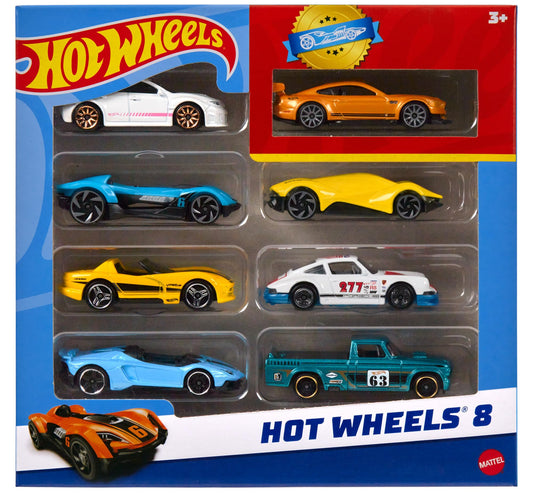 Hot Wheels, set of 8 basic toy cars and trucks in a 1:64 scale, including 1 exclusive vehicle, released throughout the year. Various assortments, style may vary. HPV78.