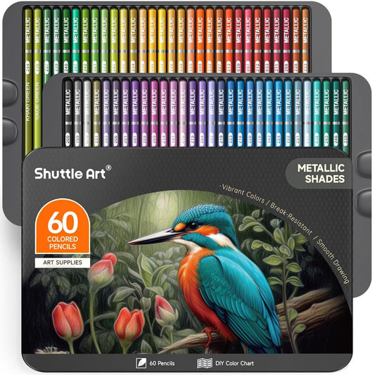Shuttle Art Metallic Colored Pencils Set, 60 Metallic Colored Pencils, Glitter Colored Pencils for adults, beginners for painting, coloring, drawing, metallic wooden pencils, colored pencils for children.