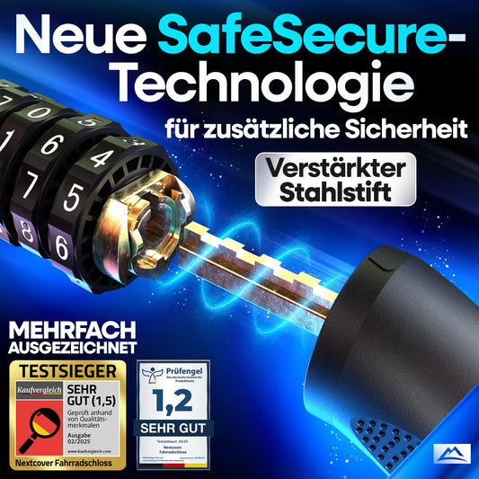 NEXTCOVER® Bike Lock with Combination - The Original - [SAFESECURE] high security I 5-digit combination code, bike chain lock steel I Lock for E-Bike I Chain lock