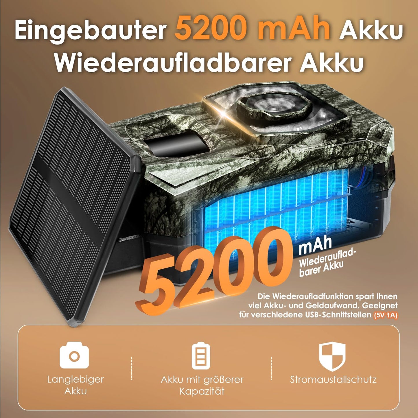 Wireless trail camera with mobile transfer app, solar-powered wildlife camera with 5200mAh battery, motion sensor night vision 0.1s trigger time, Bluetooth wildlife camera night vision, IP66 waterproof.