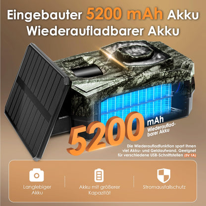 Wireless trail camera with mobile transfer app, solar-powered wildlife camera with 5200mAh battery, motion sensor night vision 0.1s trigger time, Bluetooth wildlife camera night vision, IP66 waterproof.