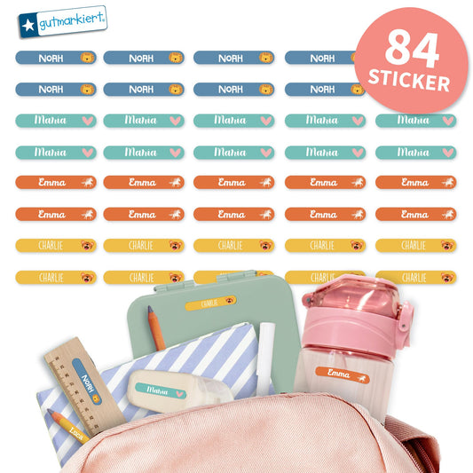 Well-labeled - Mini name stickers for kids - Customizable name labels with name & symbol - waterproof and durable - Ideal for school & kindergarten. Size: 38x6mm. (Colorful, 84)