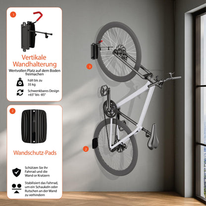 Swiveling vertical bike wall mount with 35 kg load capacity - bike wall mount for e-bike, MTB, and road bike - bike rack with extra soft hooks - bike storage wall mount (1 piece)