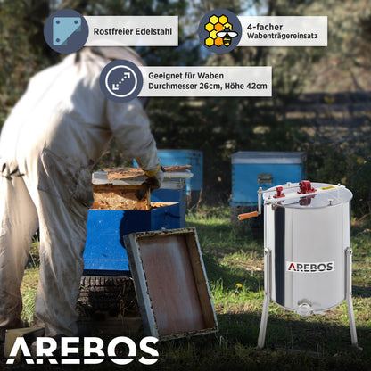 Arebos Premium Manual Honey Extractor | 4 Frame | Tangential Stainless Steel Extractor | Honey Extractor with Lid | Beekeeping and Beekeeper Accessories