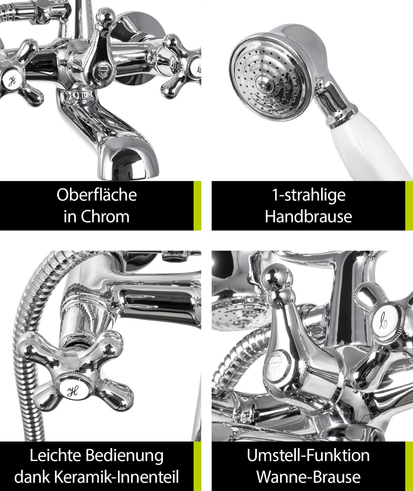 aquaSu® Two-handle mixer Athena for bathtub including shower set | Retro faucet | Diverter bathtub faucet | Tub battery | Nostalgic two-handle faucet | Cross handles | Chrome | 76802 3