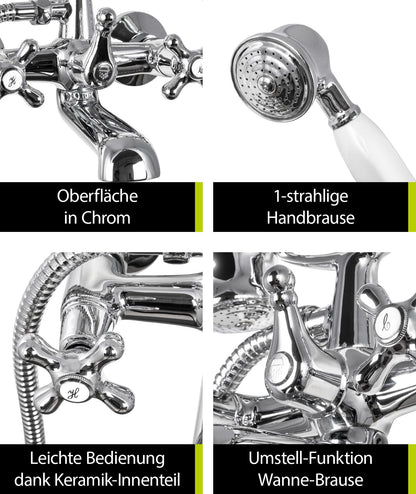 aquaSu® Two-handle mixer Athena for bathtub including shower set | Retro faucet | Diverter bathtub faucet | Tub battery | Nostalgic two-handle faucet | Cross handles | Chrome | 76802 3