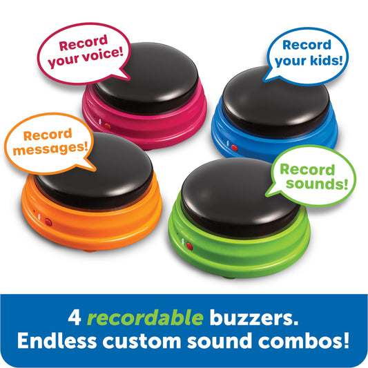 Learning Resources Sound Recordable Answer Buzzers (4 Pack) enhance reaction training during game nights in the classroom or at home. Suitable for ages 3 and up.