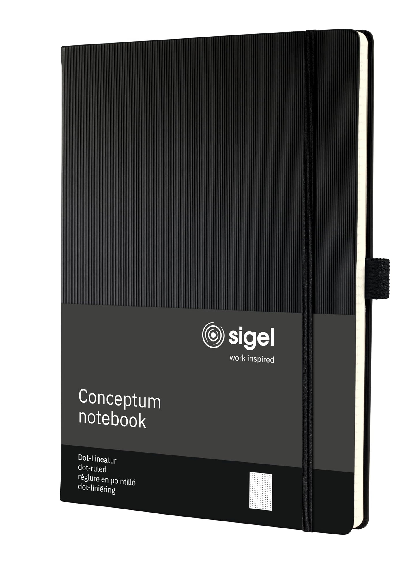 Sigel CO108 notebook A4 dotted black, hardcover, 194 numbered pages, sustainable paper, with table of contents, pen loop, folding pocket, elastic band closure, Conceptum