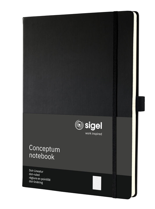 Sigel CO108 notebook A4 dotted black, hardcover, 194 numbered pages, sustainable paper, with table of contents, pen loop, folding pocket, elastic band closure, Conceptum