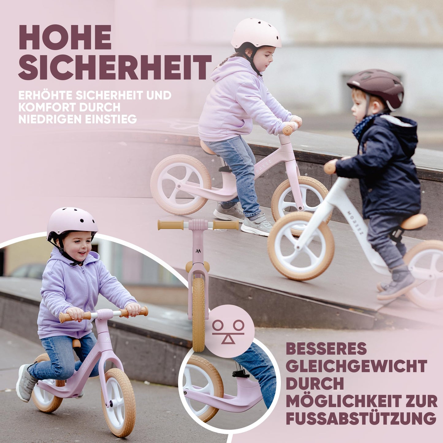 MOREEZ® Balance Bike for 2 years and up [2-5 years]. Ultra-light kids' bike with crash protection, ergonomic seat, 50kg puncture-proof 12-inch wheels, footrest, adjustable height. For girls and boys in pink.