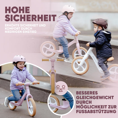 MOREEZ® Balance Bike for 2 years and up [2-5 years]. Ultra-light kids' bike with crash protection, ergonomic seat, 50kg puncture-proof 12-inch wheels, footrest, adjustable height. For girls and boys in pink.