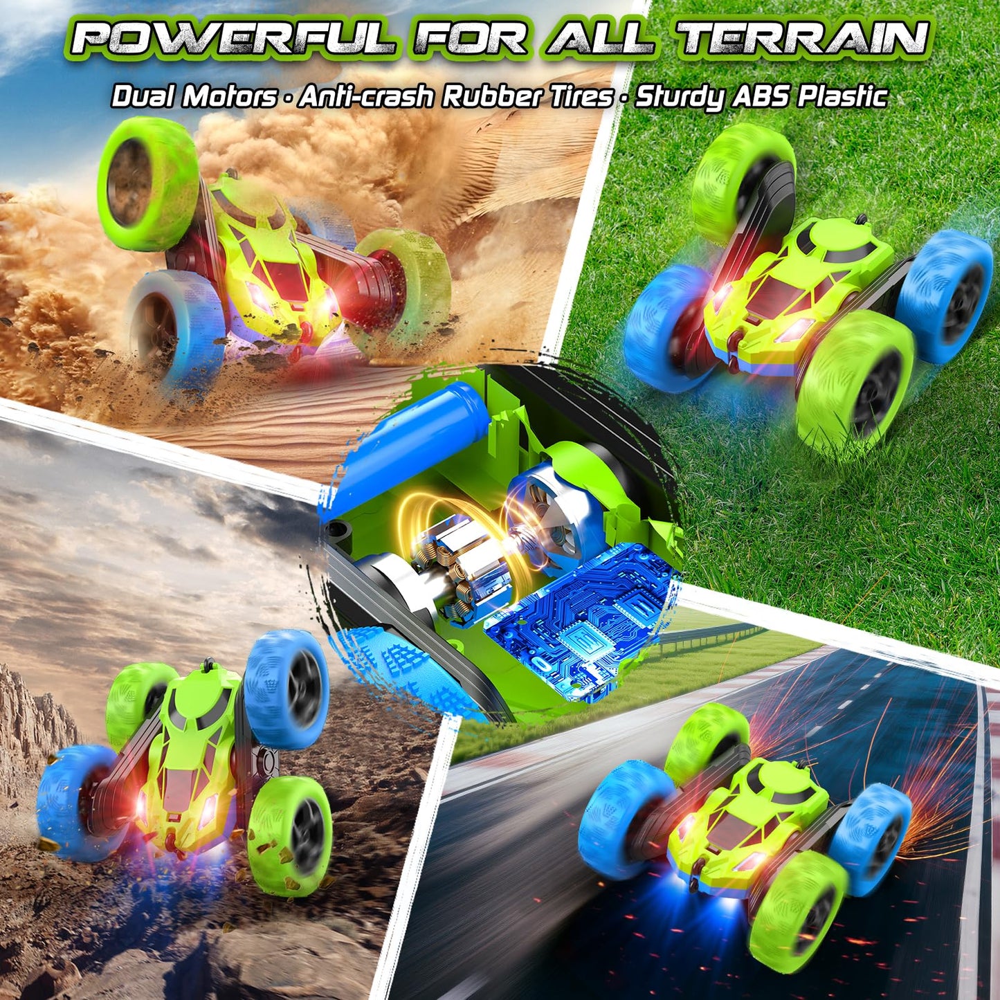 Cosone Remote Control Cars, 2.4GHz Remote Controlled Car Toy with headlights, All-wheel Drive Off-road Stunt Car, Double-sided 360° Rotation, Birthday Gifts for Boys 6+ years old (Blue-Green)