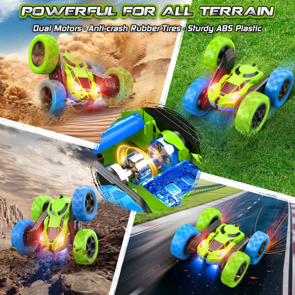 Cosone Remote Control Cars, 2.4GHz Remote Controlled Car Toy with headlights, All-wheel Drive Off-road Stunt Car, Double-sided 360° Rotation, Birthday Gifts for Boys 6+ years old (Blue-Green)