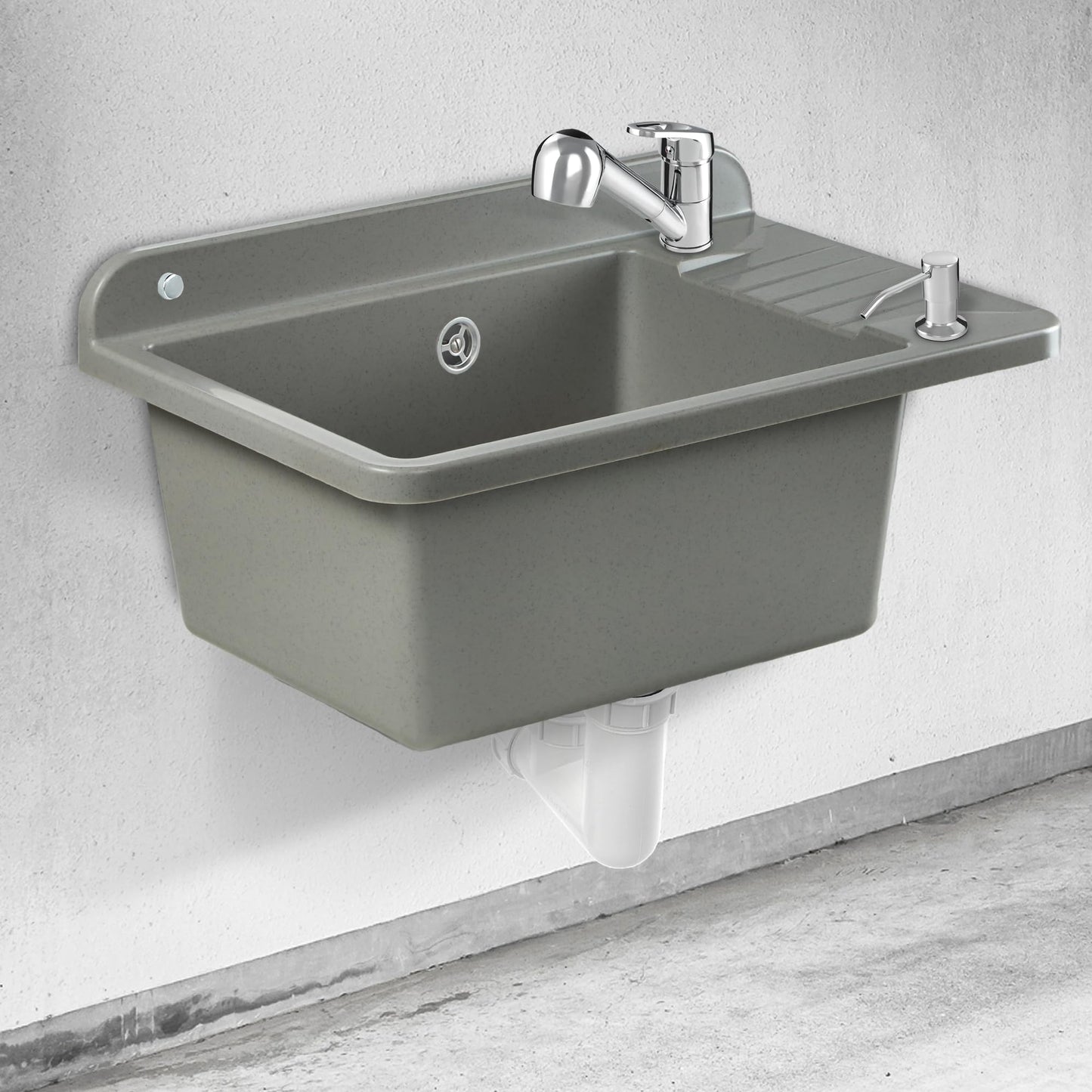 GOSPO Polypropylene sink, 50.5 x 34 x 26.5 cm, with faucet, siphon, soap dispenser, household utility sink (Grey)
