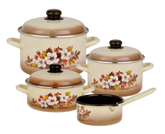 GSW 243155 Madeira 4-piece pot set, enamel, beige with decor, 38 x 25.5 x 16.5 cm, 7 pieces