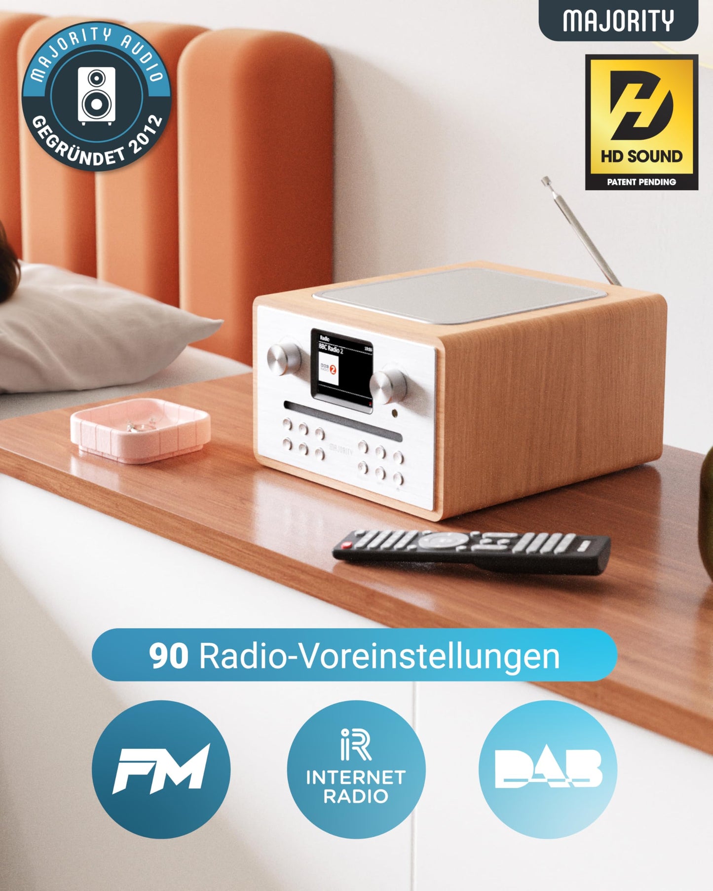 Internet radio with CD player & DAB Plus | Kitchen radio with Bluetooth & FM Radio | Digital radio with Spotify Connect, Podcasts | EQ, color display, includes remote control | MAJORITY Homerton (Oak)