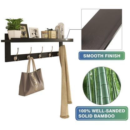 SMIBUY Coat Rack with Shelf Wall Mounted, 74 cm Entryway Organizer for Wall, Bamboo Hanging Shelf with 5 Double Metal Hooks for Bathroom, Bedroom, Kitchen (Dark Brown)