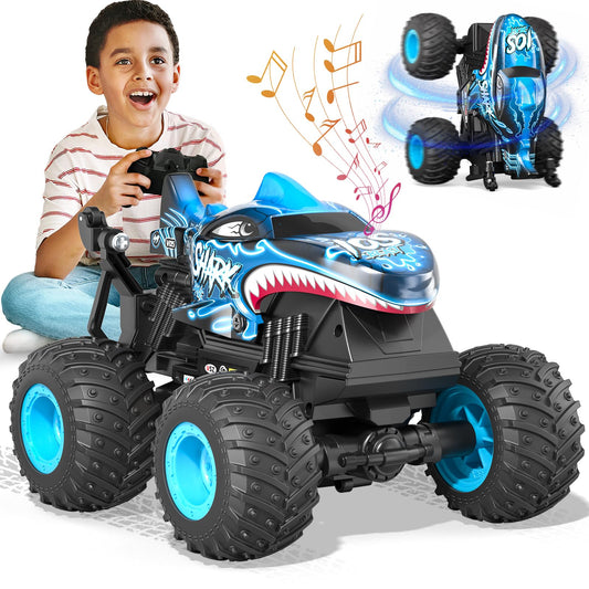 Sunrad Remote Control Car for ages 3-9, RC Monster Truck with 360° upright spin, LED lights and music, Rechargeable RC car toy and gift for kids.