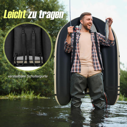 GOPLUS Belly boat, inflatable fishing boat with aluminum paddle, pump, fins, fish ruler, rod holder, and 2 shoulder straps. Supports up to 150kg, measures 135 x 109 x 54 cm. Beige+black color.