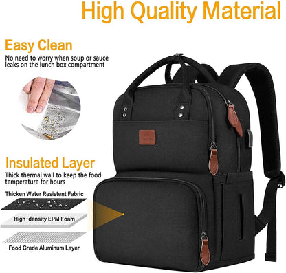 MATEIN Laptop Lunch Backpack, Picnic Backpack with Insulated Cooler Compartment, 17 Inch Ice Pack for Men and Women with USB Port, Lunch Bag for Camping Travel Business Work, Black