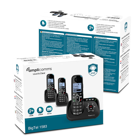Amplicomms BigTel 1583 Trio cordless DECT big button phone, answering machine, THREE handsets, audio boost, loud ringtones, hearing aid compatible, call protection.