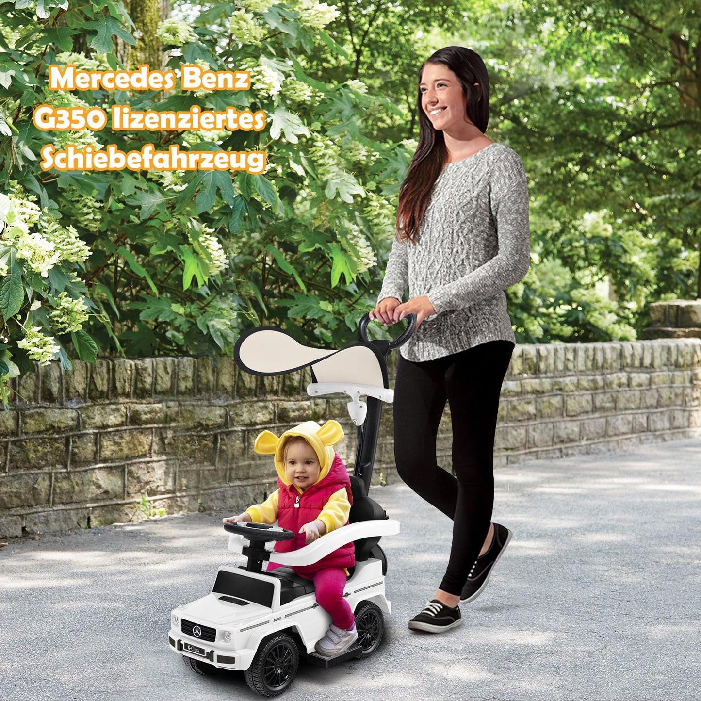 COSTWAY Mercedes Benz Ride-on car, 3 in 1 push car with sun canopy & storage space & removable safety bar & pushing handle, ride-on vehicle with motor sound & horn, for children aged 1 year and up (White)