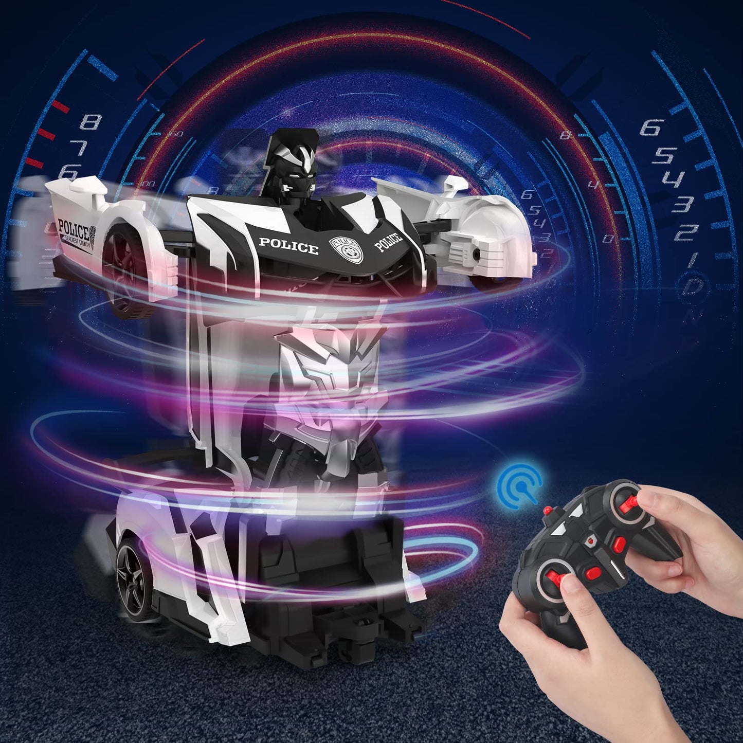 Remote control car, 2 in 1 transformer remote controlled robot kids car 360° rotation RC police car with battery, toy for 3 4 5 6 7 8 9 year old girls gifts games boy gift ideas.