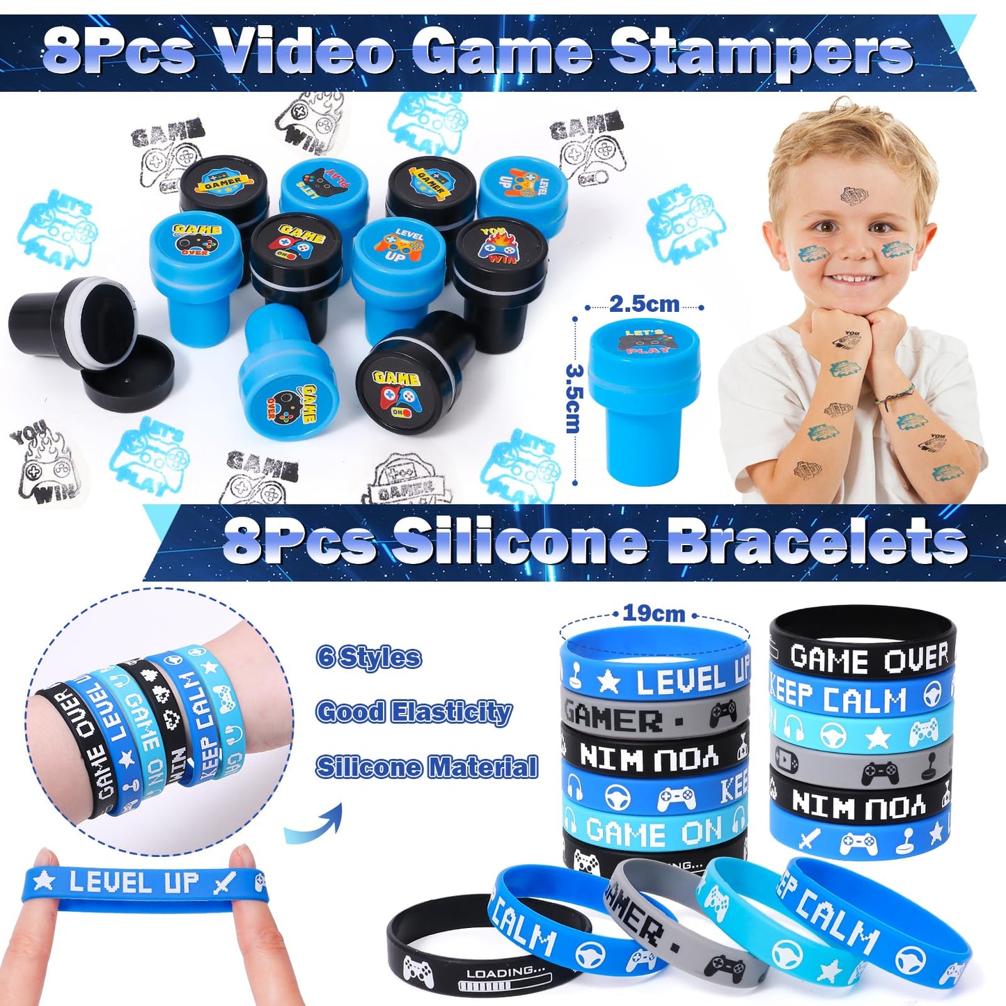 Video game party favors for kids' birthdays: straws, silicone bracelets, gift bags, stamps, gamer controller keychains, VIP pass stickers. Great giveaways for children!