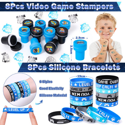 Video game party favors for kids' birthdays: straws, silicone bracelets, gift bags, stamps, gamer controller keychains, VIP pass stickers. Great giveaways for children!