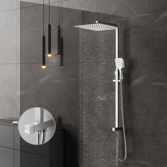 KOMIRO shower system without faucet, rain shower without faucet, shower set with 30x30cm shower head, hand shower with 3 spray modes, stainless steel height-adjustable shower bar, square.