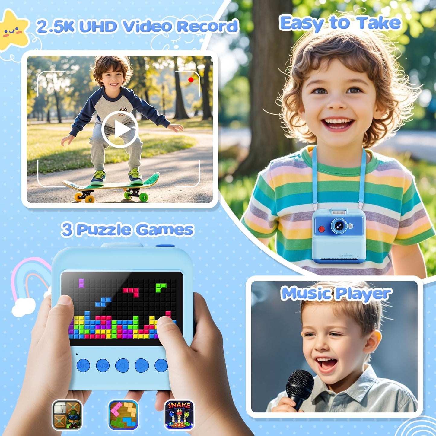 CAMCLID instant camera for kids, 3.0 inch screen children's camera instant camera, 48MP/2.5K UHD children's camera instant print with 32GB card, toy gift for boys and girls 3-12 years old (blue)