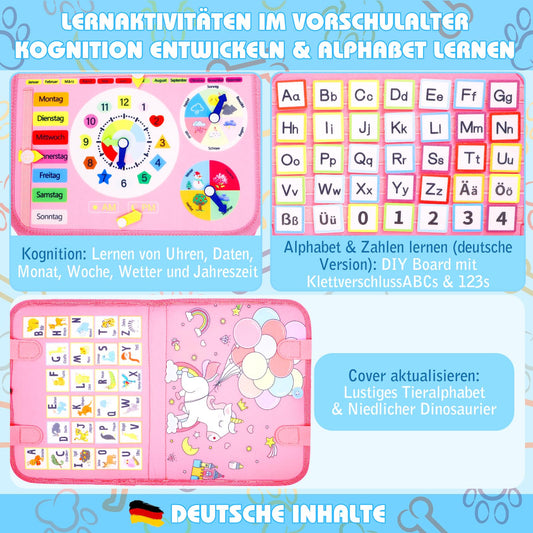 Esjay Busy Board German Montessori Toy for Toddler Girls, Activity Board Book Motor Skills Toy, Gift for Girls Birthday, Learning Toy Motor Skills Board for Travel by Car or Plane, German Pink