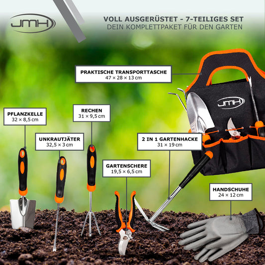 JMH Stainless Steel Garden Tool Set - 7-piece Garden Tool Set - Outdoor Garden Accessories - Garden tools with Weed Puller - Gardening Tools
