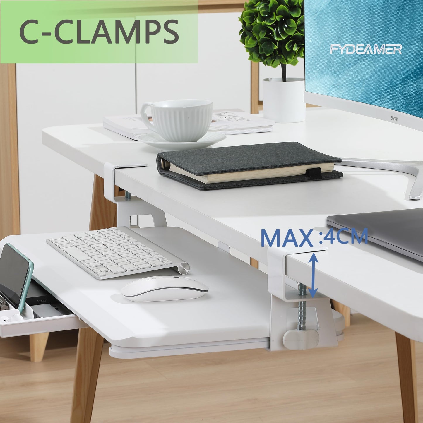 ETHU Keyboard Tray, Keyboard Drawer 65x30 cm with C-Clamp Mount, Under Desk Retractable, Ergonomic Keyboard Slide-Out for Home & Office, Easy to Install (White)