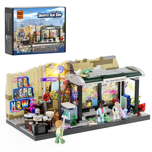 FUNWHOLE Graffiti Bus Stop Building Blocks Lighting Decoration, Modular Building Street Fusion City Town Bus Station, 516Pcs, Suitable for Adults and Street Style Enthusiasts, F9066.