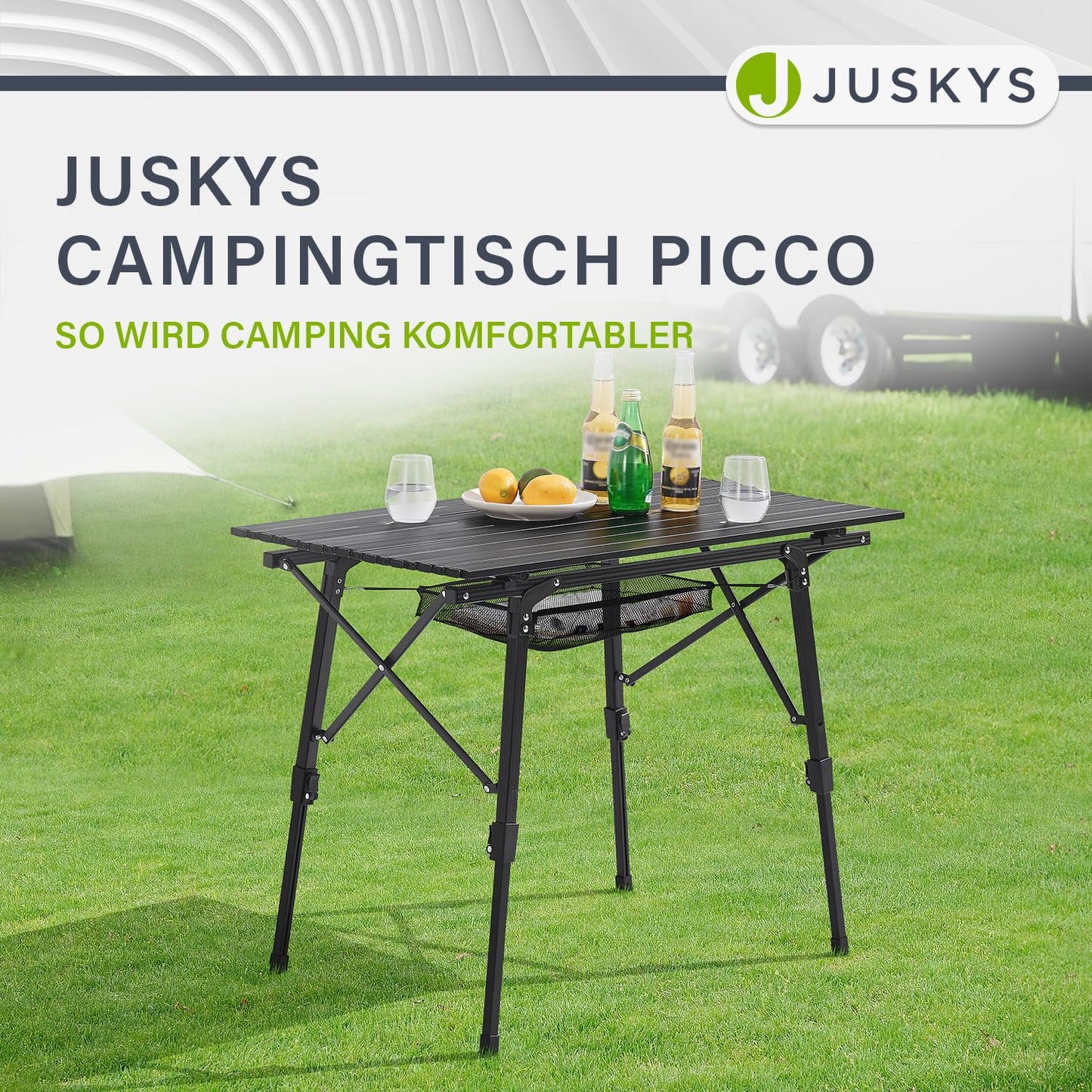 Juskys Camping Table Picco - Aluminum table 90 x 52 cm light, foldable, adjustable height - Camping, garden - Outdoor folding table - Garden table Black