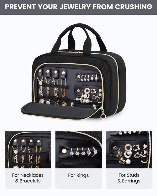 LOVEVOOK culture bag for women with separate jewelry compartment, waterproof hanging toiletry bag, foldable wash bag cosmetic bag large with 360° swivel hook, wash bag for women black