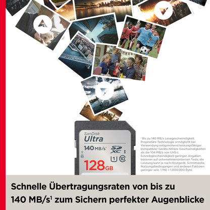 SanDisk Ultra SDXC UHS-I Memory Card 128GB (For entry-level and mid-range compact cameras, Full HD videos, U1, C10, V10, up to 140MB/s read speed, 10-year warranty)