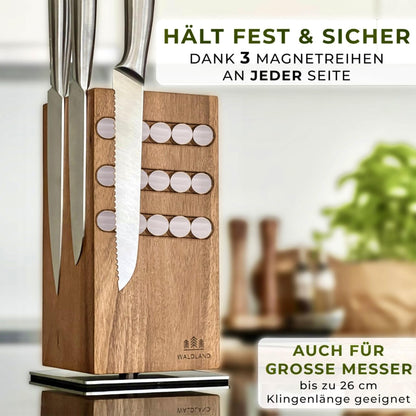 WALDLAND Premium knife block without knives I Magnetic and 360° rotatable knife block made of elegant and sturdy acacia wood I Magnetic knife holder for knives I Wooden block kitchen organizer