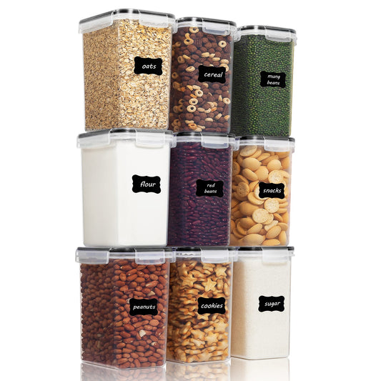 Vtopmart 2L Storage Container Set, Cereal Dispenser & Food Storage Containers, BPA free plastic, airtight, dry food storage container, set of 9, 24 labels for grains, flour, sugar, etc. (Black)