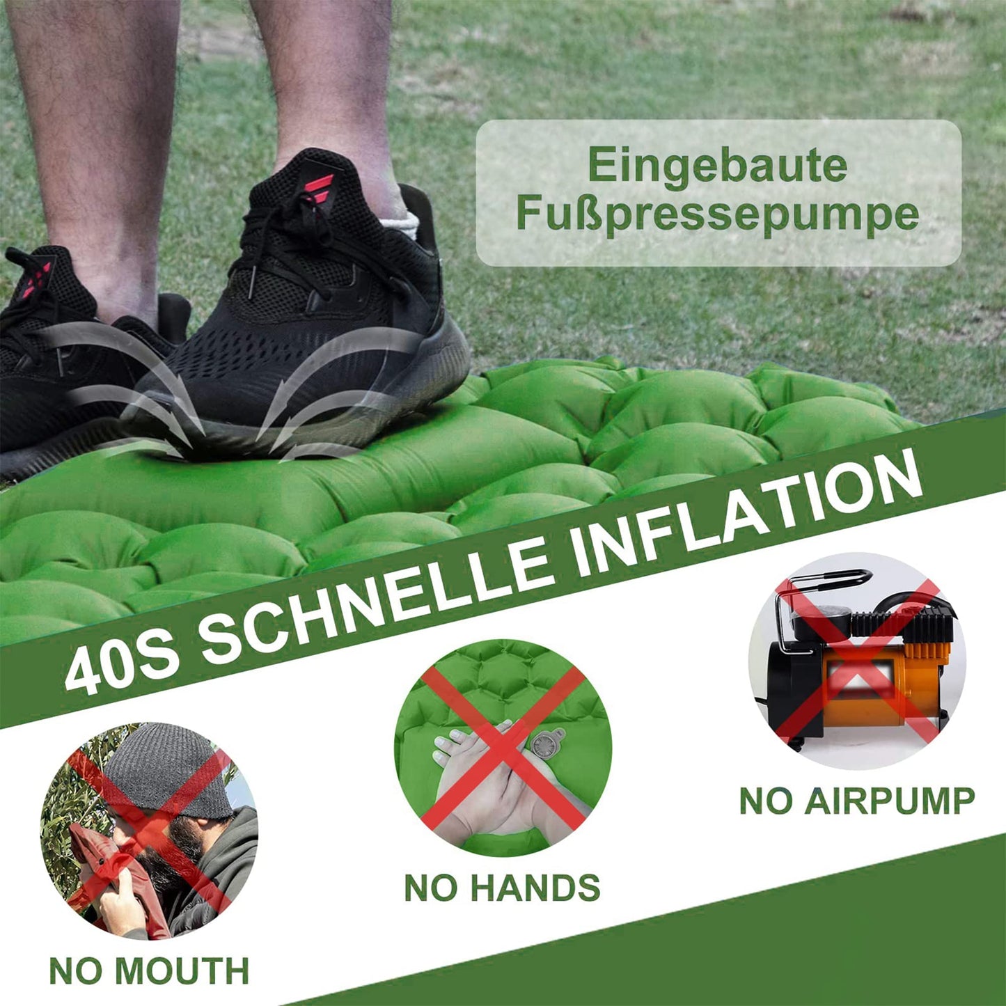 STURME Camping Mat Self Inflating Sleeping Pad with Foot Pump, Outdoor Inflatable Air Mattress Ultralight Sleeping Pad, Durable Mattress, Foldable Sleeping Mat with Pillow for Hiking, Outdoor - Green