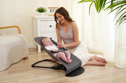 Reference to baby bouncer. Reference Belltop compatible with BabyBjorn Bouncer: Balance, Soft, and Bliss. Ergonomic baby bouncer seat. Hypoallergenic quilting. (Gray)