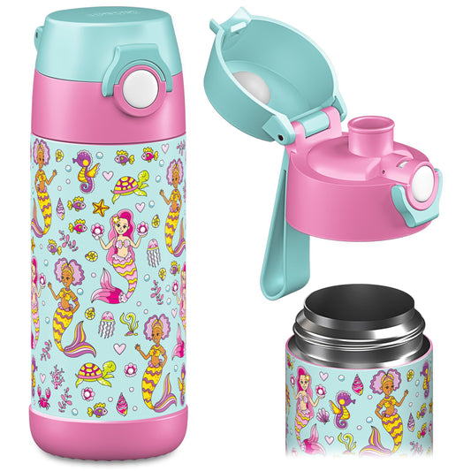 JARLSON® Kids Water Bottle "MALI" - Stainless Steel Thermo Flask - BPA Free - Leakproof - Children's Bottle with Chug Lid - Bottle for School, Kindergarten - 350ml (Mermaid, 350 ml)