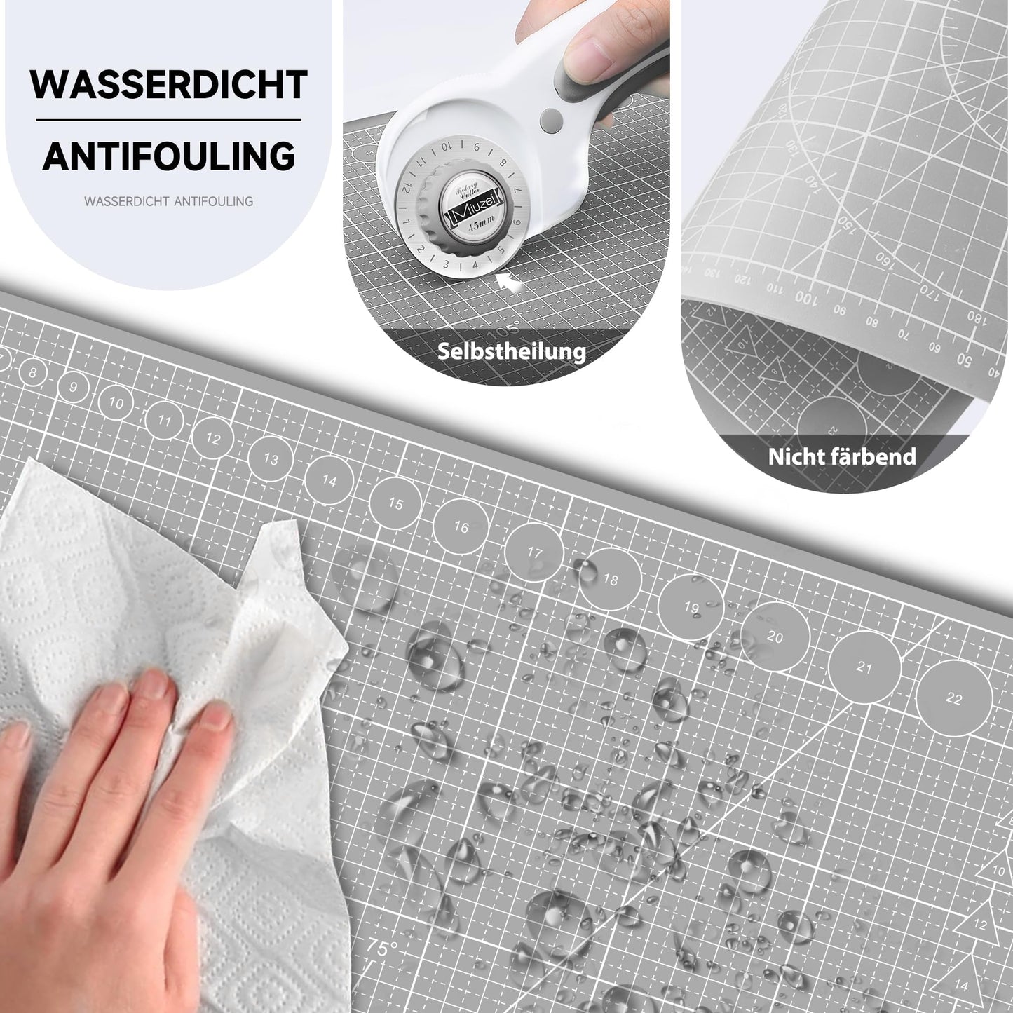 Miuzei Cutting Mat A3 A2 with rotary cutter and replacement blades, self-healing craft mat in gray, cutting mat with double-sided grid markings for schools and families.