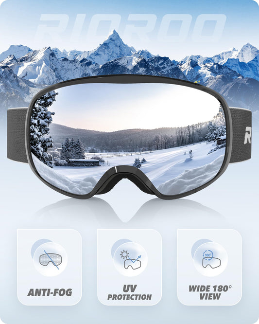 RIOROO ski goggles, snowboard goggles for glasses wearers men women adults teenagers dual lens 105% UV protection compatible with helmet anti-fog goggles for skiing motorcycle biking skating